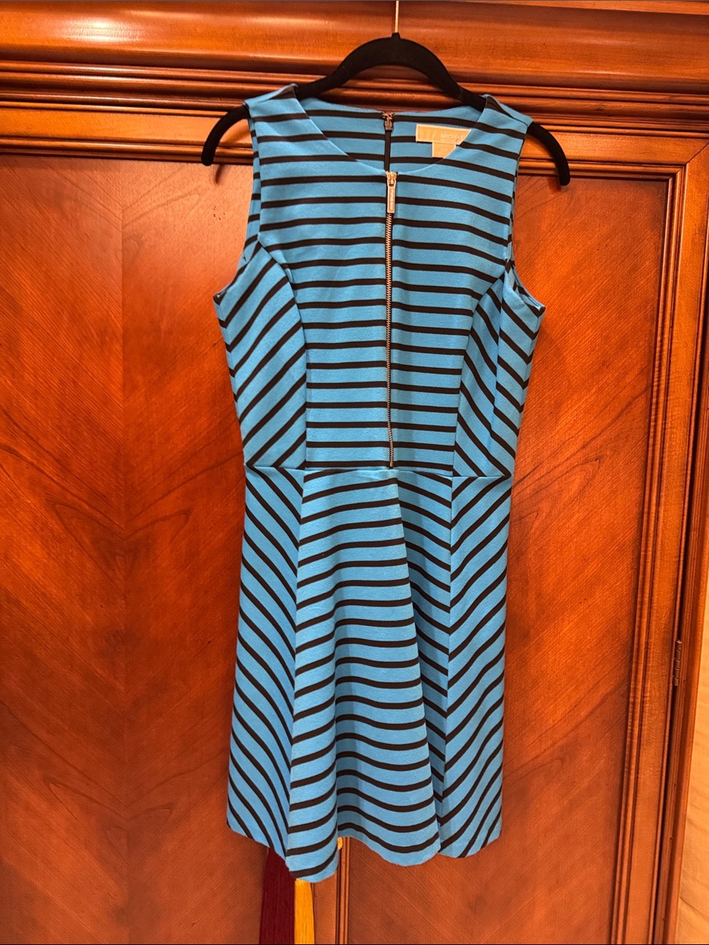 MICHAEL Michael Kors Blue and Black Striped Sleeveless Fit-and-Flare Dress